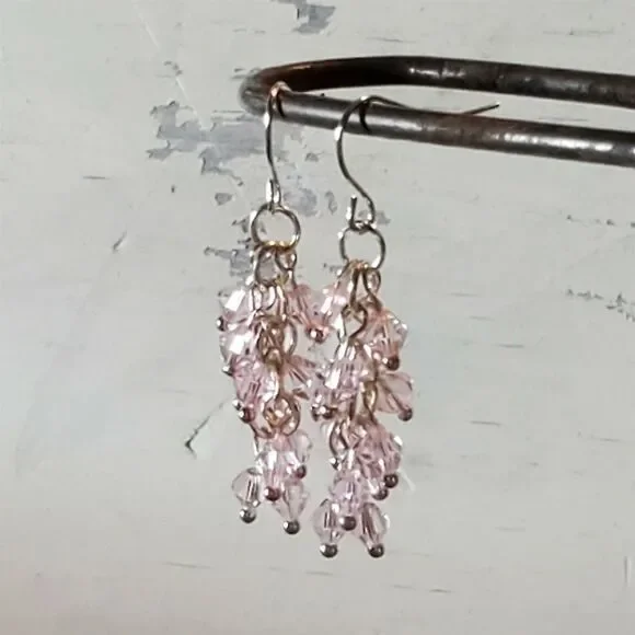 Hand Crafted Art Deco Pink Translucent Crystal Baubles Cascade Earrings - Picture 5 of 6